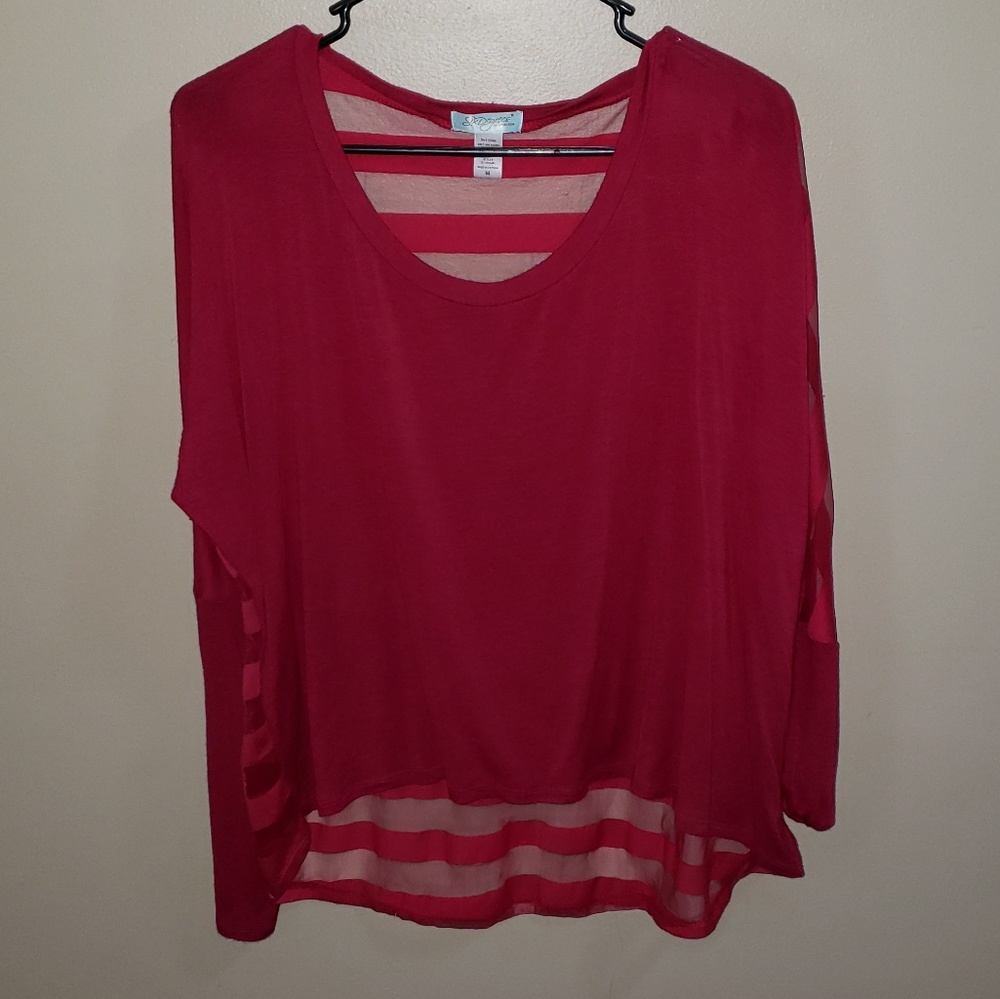 Red high-low blouse with see through back detail